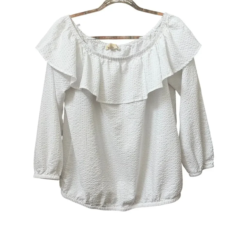 Michael Michael Kors White Seersucker Off Shoulder White Top Size Large Coastal